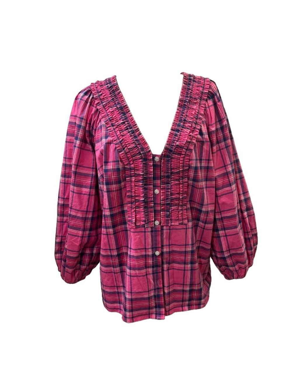 Draper James Plaid Peasant Blouse V-Neck Ruffle Button 3/4 Puff Sleeve 1X